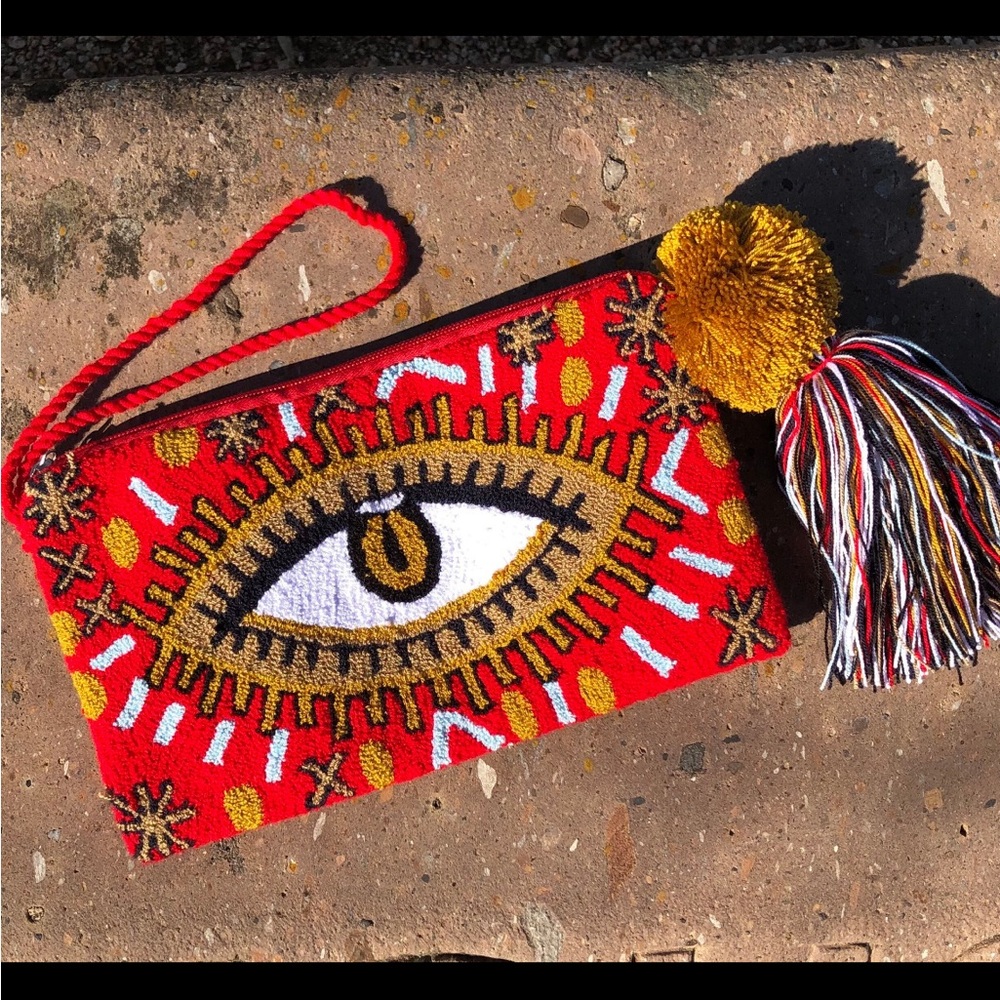 Costa Wayuu Red Eye Embroidered Clutch with Tassel